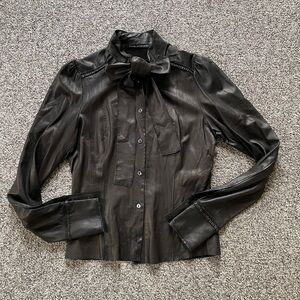 Paola Frani Bow Neck Ruffle Sleeve Black Leather Blouse Top 42 US 2 4